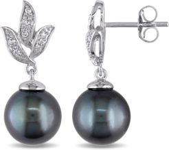 Tahitian Cultured Pearl (9-9.5mm) and Diamond (1/10 ct. t.w.) Floral Earrings in 10k White Gold