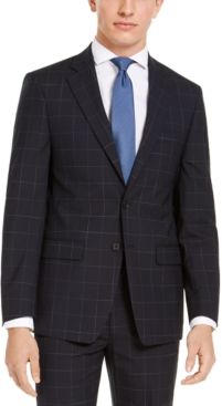 X-Fit Extra-Slim Fit Infinite Stretch Navy Blue Windowpane Wool Suit Jacket