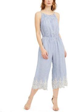 Petite Striped Embroidered-Hem Cropped Jumpsuit