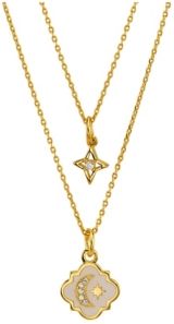 Gold Flash Plated White Enamel Moon and Star Layered Pendant Necklace with Mini Cubic Zirconia Star Pendant