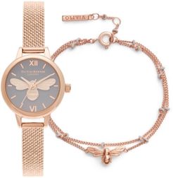 Mini Lucky Bee Rose Gold-Tone Stainless Steel Mesh Bracelet Watch 23mm Gift Set