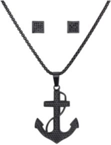 Stainless Steel Black Tone Anchor Pendant and Square Cubic Zirconia Earring Set, 24"