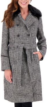 Plaid Faux-Fur-Collar Double-Breasted Belted Coat