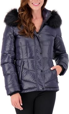 High-Shine Faux-Fur-Trim Hooded Puffer Coat, Created for Macy's