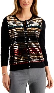Petite Sequin-Striped Cardigan Sweater, Created for Macy's