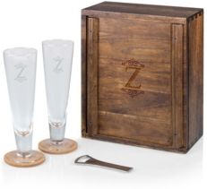 Monogram Pilsner Beer Glass Gift Set, Acacia Wood