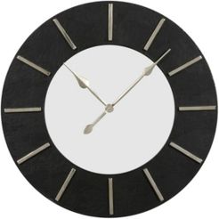 Large Round Wood Wall Clock with Faux Leather Border and Detail