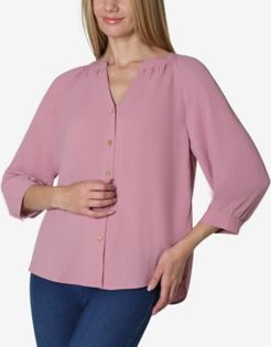 3/4 Sleeve Solid Shirred Neck Button Front Blouse
