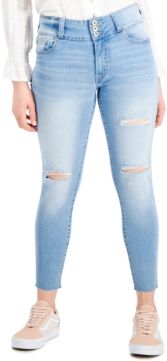 Juniors' High-Rise 3-Button Raw-Hem Distressed Skinny Jeans