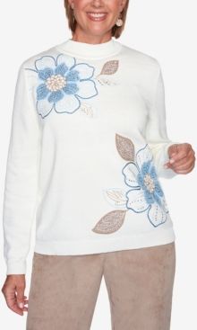 Plus Size Dover Cliffs Asymmetric Floral Embroidery Sweater