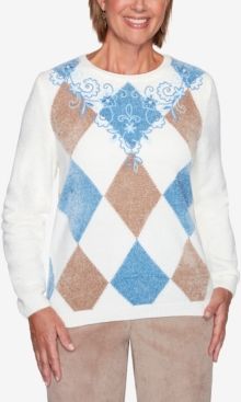 Plus Size Dover Cliffs Argyle Floral Yoke Embroidered Sweater