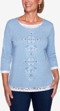 Petite Lace-Trim Embroidered Top