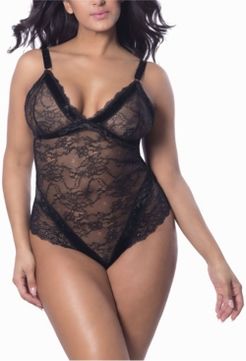 Plus Size Velvet and Lace Soft Bodysuit with Scalloped Edges
