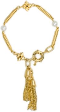 Gold-Tone Pave Floret & Freshwater Pearl (7-7.5mm) Chain Tassel Flex Bracelet