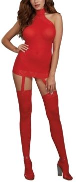 Sheer Halter Garter Dress with Attached Garters and Thigh High Stockings