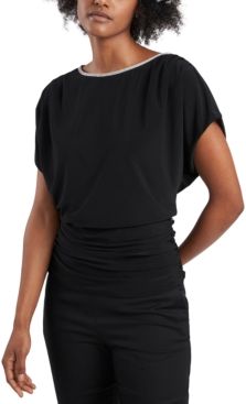 Petite Beaded-Neck Ruched-Waist Top