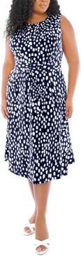 Plus Size Dot-Print Belted Dress