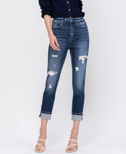 High Rise Distressed Cuffed Stretch Mom Jeans