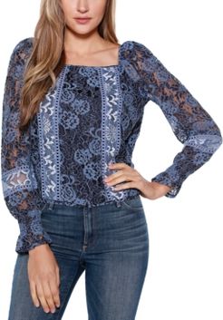 Black Label Mixed Lace Square Neck Puff Sleeve Top