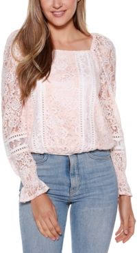 Black Label Mixed Lace Square Neck Puff Sleeve Top