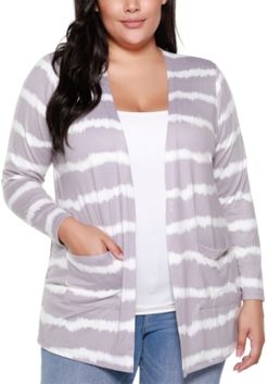 Belle By Belldini Plus Size Women's Printed Tie-Dye Stripe Cardigan with Pockets