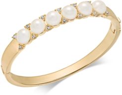 Gold-Tone Pave & Imitation Pearl Hinged Bangle Bracelet, Created for Macy's