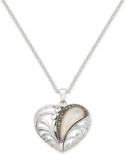 Marcasite & Mother-of-Pearl Openwork Heart 18" Pendant Necklace in Fine Silver-Plate