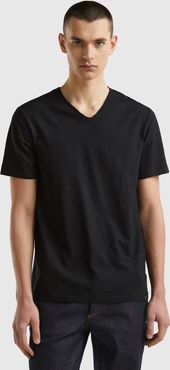 Benetton, T-shirt 100% Cotone Con Scollo A V, Nero, Uomo