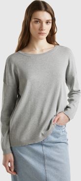 Benetton, Maglia In Cotone Con Scollo Rotondo, Grigio Chiaro, Donna