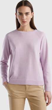 Benetton, Maglia Girocollo Lilla Chiaro In Misto Lana E Cashmere, Lilla, Donna