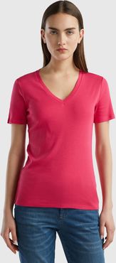 Benetton, T-shirt In Puro Cotone Con Scollo A V, Fucsia, Donna