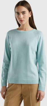 Benetton, Maglia Girocollo Verde Acqua Chiaro In Misto Lana E Cashmere, Verde Acqua, Donna