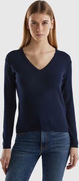 Benetton Online exclusive, Maglia In Puro Cotone Con Scollo A V, Blu Scuro, Donna