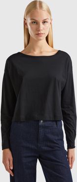 Benetton, T-shirt Nera In Cotone A Fibra Lunga, Nero, Donna