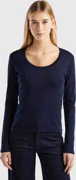 Benetton, T-shirt Manica Lunga In Puro Cotone, Blu Scuro, Donna