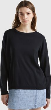 Benetton, Maglia In Cotone Con Scollo Rotondo, Nero, Donna