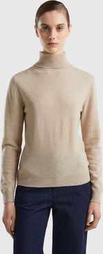 Benetton, Maglione Dolcevita Beige In Pura Lana Merino, Beige, Donna