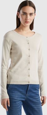 Benetton, Cardigan Girocollo In Puro Cotone, Beige, Donna