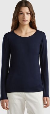 Benetton, Maglietta In Viscosa Sostenibile Stretch, Blu Scuro, Donna