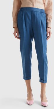 Benetton, Pantaloni Cropped In 100% Lino, Avio, Donna