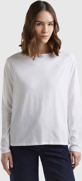 Benetton, T-shirt Manica Lunga In Cotone Leggero, Bianco, Donna