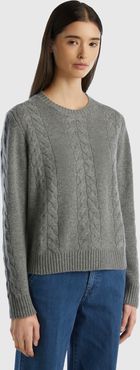 Benetton, Maglia A Trecce In Puro Cashmere, Grigio Scuro, Donna