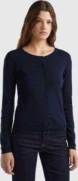 Benetton Online exclusive, Cardigan Girocollo In Puro Cotone, Blu Scuro, Donna