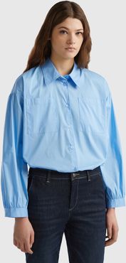 Benetton, Camicia Boxy Fit Manica A Palloncino, Azzurro, Donna