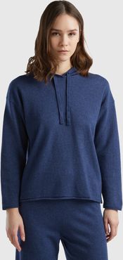 Benetton, Maglia Blu Avio Misto Cashmere Con Cappuccio, Avio, Donna