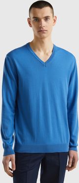 Benetton, Maglia In Puro Cotone Con Scollo A V, Blu, Uomo