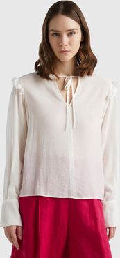 Benetton, Blusa Con Lacci E Rouches, Bianco Panna, Donna