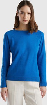 Benetton, Maglia Girocollo Blu In Misto Lana E Cashmere, Blu, Donna