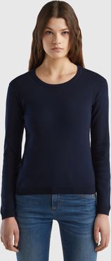 Benetton Online exclusive, Maglia Girocollo In Puro Cotone, Blu Scuro, Donna