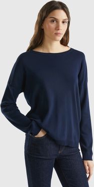 Benetton, Maglia In Cotone Con Scollo Rotondo, Blu Scuro, Donna